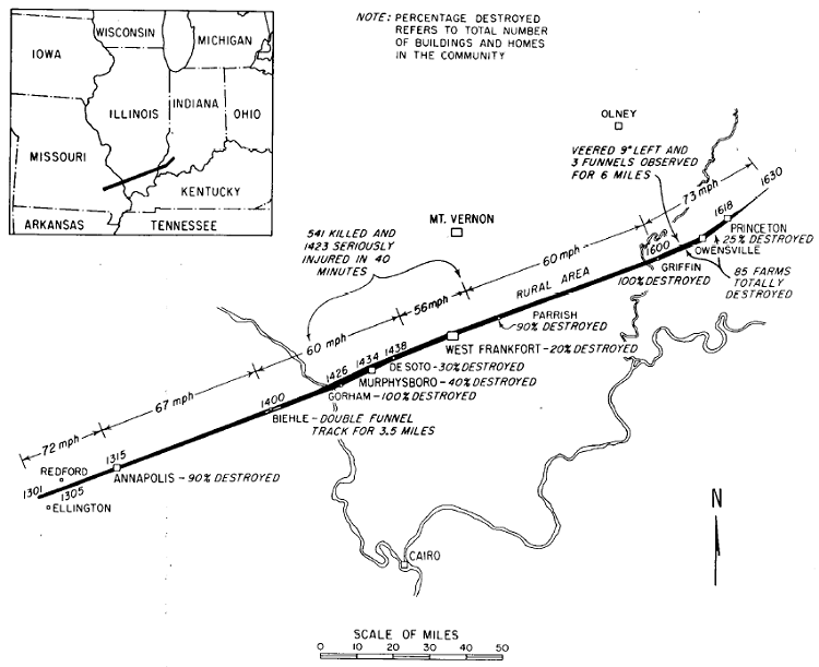 1971 Tri-State Tornado damage path by John Wilson and Stanley Changon Jr
